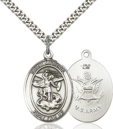[7076SS2/24S] Sterling Silver Saint Michael Army Pendant on a 24 inch Light Rhodium Heavy Curb chain