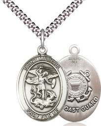 [7076SS3/24S] Sterling Silver Saint Michael Coast Guard Pendant on a 24 inch Light Rhodium Heavy Curb chain