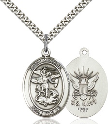 [7076SS6/24S] Sterling Silver Saint Michael Navy Pendant on a 24 inch Light Rhodium Heavy Curb chain