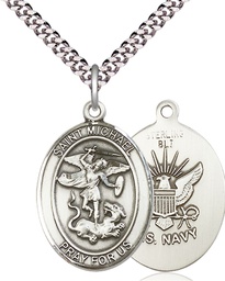 [7076SS6/24S] Sterling Silver Saint Michael Navy Pendant on a 24 inch Light Rhodium Heavy Curb chain