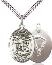 [7076SS7/24S] Sterling Silver Saint Michael Paratrooper Pendant on a 24 inch Light Rhodium Heavy Curb chain