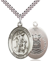 [7118SS1/24S] Sterling Silver Guardian Angel Air Force Pendant on a 24 inch Light Rhodium Heavy Curb chain