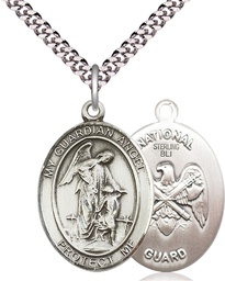 [7118SS5/24S] Sterling Silver Guardian Angel National Guard Pendant on a 24 inch Light Rhodium Heavy Curb chain