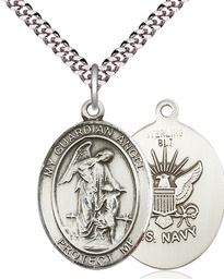 [7118SS6/24S] Sterling Silver Guardian Angel Navy Pendant on a 24 inch Light Rhodium Heavy Curb chain