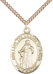 [7383GF/24GF] 14kt Gold Filled Our Lady of Knots Pendant on a 24 inch Gold Filled Heavy Curb chain