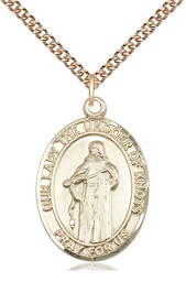 [7383GF/24GF] 14kt Gold Filled Our Lady of Knots Pendant on a 24 inch Gold Filled Heavy Curb chain