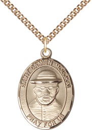 [7412GF/24GF] 14kt Gold Filled Saint Damien of Molokai Pendant on a 24 inch Gold Filled Heavy Curb chain