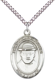 [7412SS/24SS] Sterling Silver Saint Damien of Molokai Pendant on a 24 inch Sterling Silver Heavy Curb chain