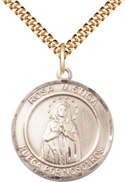 [7413RDSPGF/24GF] 14kt Gold Filled Our Lady Rosa Mystica Pendant on a 24 inch Gold Filled Heavy Curb chain