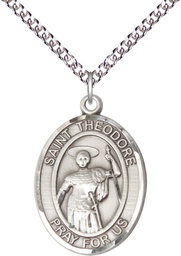 [7415SS/24SS] Sterling Silver Saint Theodore Stratelates Pendant on a 24 inch Sterling Silver Heavy Curb chain