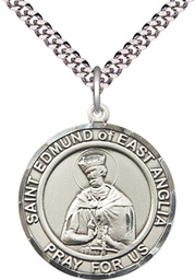 [7445RDSS/24S] Sterling Silver Saint Edmund of East Anglia Pendant on a 24 inch Light Rhodium Heavy Curb chain