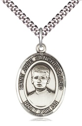 [7446SS/24S] Sterling Silver Saint Jose Canchez del Rio Pendant on a 24 inch Light Rhodium Heavy Curb chain