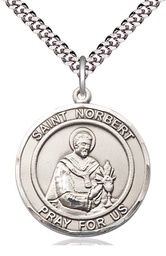[7447RDSS/24S] Sterling Silver Saint Norbert of Xanten Pendant on a 24 inch Light Rhodium Heavy Curb chain