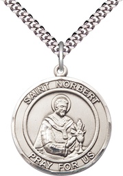 [7447RDSS/24S] Sterling Silver Saint Norbert of Xanten Pendant on a 24 inch Light Rhodium Heavy Curb chain