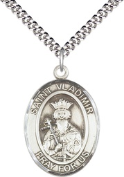 [7457SS/24S] Sterling Silver Saint Vladimir Pendant on a 24 inch Light Rhodium Heavy Curb chain
