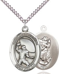 [7501SS/24SS] Sterling Silver Saint Christpher Football Pendant on a 24 inch Sterling Silver Heavy Curb chain