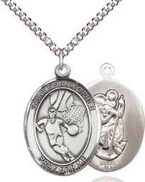 [7502SS/24SS] Sterling Silver Saint Christopher Basketball Pendant on a 24 inch Sterling Silver Heavy Curb chain