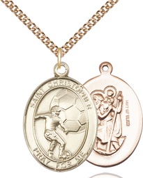 [7503GF/24GF] 14kt Gold Filled Saint Christopher Soccer Pendant on a 24 inch Gold Filled Heavy Curb chain