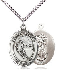 [7504SS/24SS] Sterling Silver Saint Christopher Hockey Pendant on a 24 inch Sterling Silver Heavy Curb chain
