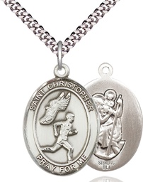 [7509SS/24S] Sterling Silver Saint Christopher Track&amp;Field Pendant on a 24 inch Light Rhodium Heavy Curb chain