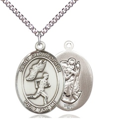 [7509SS/24SS] Sterling Silver Saint Christopher Track&amp;Field Pendant on a 24 inch Sterling Silver Heavy Curb chain