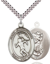 [7510SS/24S] Sterling Silver Saint Christopher Track&amp;Field Pendant on a 24 inch Light Rhodium Heavy Curb chain