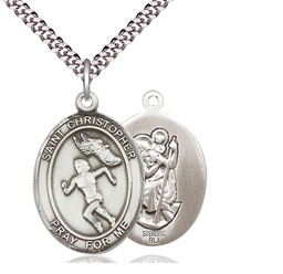 [7510SS/24S] Sterling Silver Saint Christopher Track&amp;Field Pendant on a 24 inch Light Rhodium Heavy Curb chain