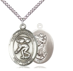 [7511SS/24SS] Sterling Silver Saint Christopher Swimming Pendant on a 24 inch Sterling Silver Heavy Curb chain