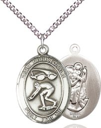 [7511SS/24SS] Sterling Silver Saint Christopher Swimming Pendant on a 24 inch Sterling Silver Heavy Curb chain