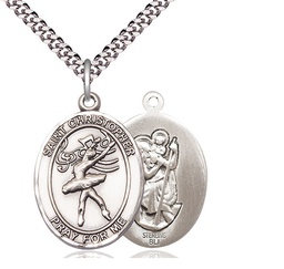 [7512SS/24S] Sterling Silver Saint Christopher Dance Pendant on a 24 inch Light Rhodium Heavy Curb chain