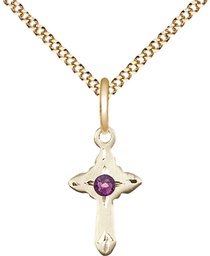 [2525GF-STN2/18G] 14kt Gold Filled Cross Pendant with a 3mm Amethyst Swarovski stone on a 18 inch Gold Plate Light Curb chain