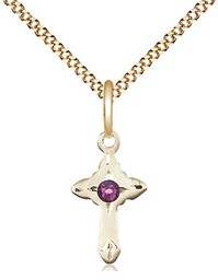 [2525GF-STN2/18G] 14kt Gold Filled Cross Pendant with a 3mm Amethyst Swarovski stone on a 18 inch Gold Plate Light Curb chain