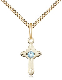 [2525GF-STN3/18G] 14kt Gold Filled Cross Pendant with a 3mm Aqua Swarovski stone on a 18 inch Gold Plate Light Curb chain