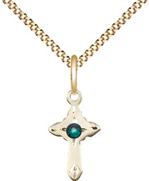 [2525GF-STN5/18G] 14kt Gold Filled Cross Pendant with a 3mm Emerald Swarovski stone on a 18 inch Gold Plate Light Curb chain
