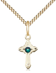 [2525GF-STN5/18G] 14kt Gold Filled Cross Pendant with a 3mm Emerald Swarovski stone on a 18 inch Gold Plate Light Curb chain