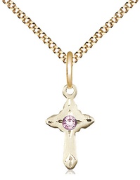 [2525GF-STN6/18G] 14kt Gold Filled Cross Pendant with a 3mm Light Amethyst Swarovski stone on a 18 inch Gold Plate Light Curb chain