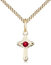 [2525GF-STN7/18G] 14kt Gold Filled Cross Pendant with a 3mm Ruby Swarovski stone on a 18 inch Gold Plate Light Curb chain