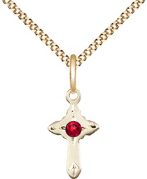 [2525GF-STN7/18G] 14kt Gold Filled Cross Pendant with a 3mm Ruby Swarovski stone on a 18 inch Gold Plate Light Curb chain