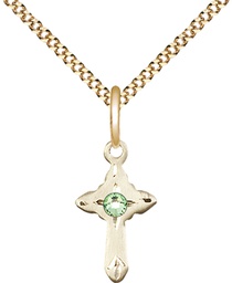 [2525GF-STN8/18G] 14kt Gold Filled Cross Pendant with a 3mm Peridot Swarovski stone on a 18 inch Gold Plate Light Curb chain