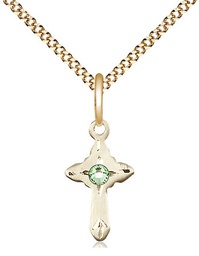 [2525GF-STN8/18G] 14kt Gold Filled Cross Pendant with a 3mm Peridot Swarovski stone on a 18 inch Gold Plate Light Curb chain