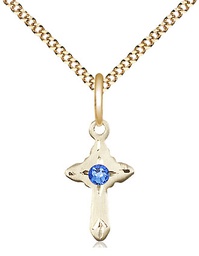 [2525GF-STN9/18G] 14kt Gold Filled Cross Pendant with a 3mm Sapphire Swarovski stone on a 18 inch Gold Plate Light Curb chain