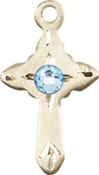 [2525KT-STN3] 14kt Gold Cross Medal with a 3mm Aqua Swarovski stone