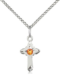 [2525SS-STN11/18SS] Sterling Silver Cross Pendant with a 3mm Topaz Swarovski stone on a 18 inch Sterling Silver Light Curb chain