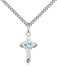 [2525SS-STN3/18S] Sterling Silver Cross Pendant with a 3mm Aqua Swarovski stone on a 18 inch Light Rhodium Light Curb chain