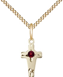 [2527GF-STN1/18G] 14kt Gold Filled Cross Pendant with a 3mm Garnet Swarovski stone on a 18 inch Gold Plate Light Curb chain