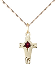 [2527GF-STN1/18GF] 14kt Gold Filled Cross Pendant with a 3mm Garnet Swarovski stone on a 18 inch Gold Filled Light Curb chain
