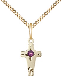 [2527GF-STN2/18G] 14kt Gold Filled Cross Pendant with a 3mm Amethyst Swarovski stone on a 18 inch Gold Plate Light Curb chain