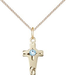 [2527GF-STN3/18GF] 14kt Gold Filled Cross Pendant with a 3mm Aqua Swarovski stone on a 18 inch Gold Filled Light Curb chain