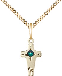 [2527GF-STN5/18G] 14kt Gold Filled Cross Pendant with a 3mm Emerald Swarovski stone on a 18 inch Gold Plate Light Curb chain