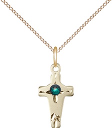 [2527GF-STN5/18GF] 14kt Gold Filled Cross Pendant with a 3mm Emerald Swarovski stone on a 18 inch Gold Filled Light Curb chain